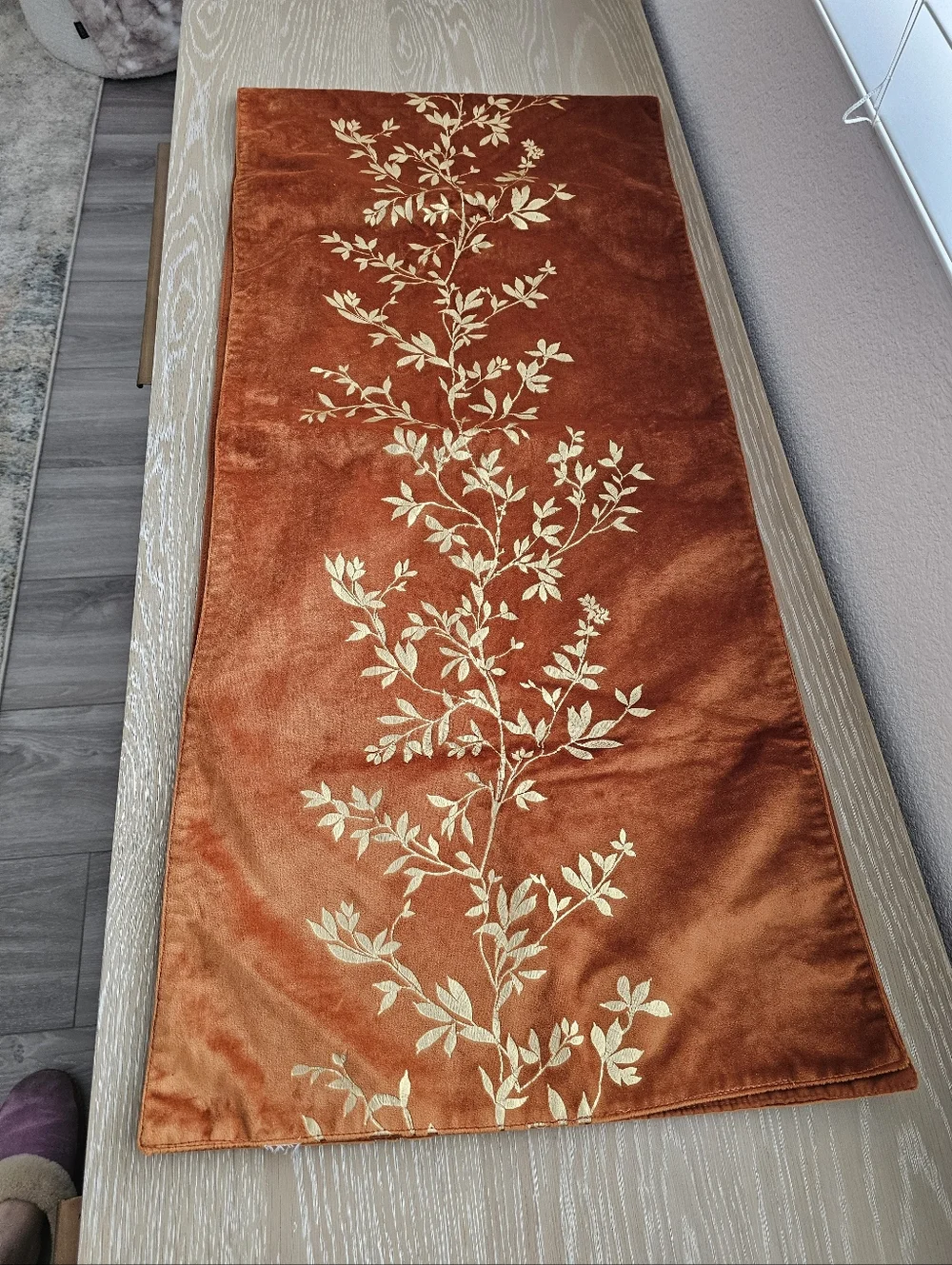 Vintage Rust Velvet Table Runner Gold Embroidered Botanical Vine Autumn Decor